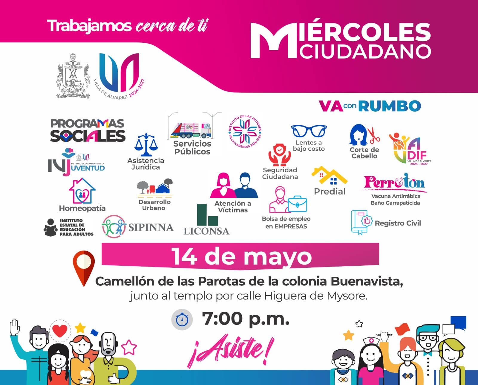 Si tienes algún trámite que realizar o necesitas algún servicio con alguna dependencia municipal, te esperamos este  miércoles 14 de mayo  en el camellón de las Parotas, de la colonia #Buenavista con nuestra audiencia pública #MiércolesCiudadano, a partir de las 6:00 de la tarde.