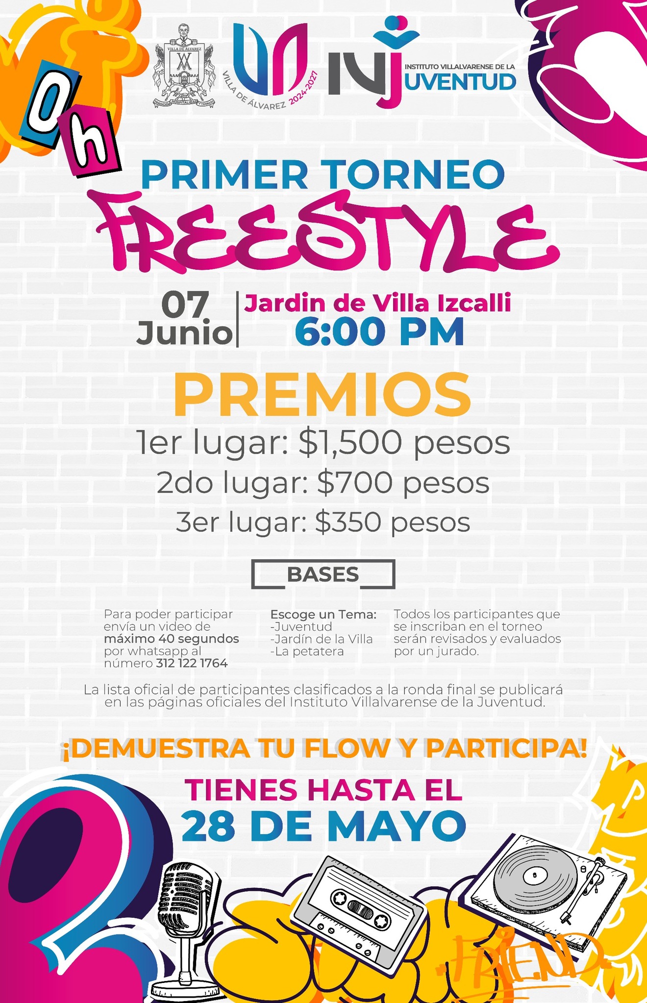 Participa en el Primer Torneo Freestyle

El Ayuntamiento de Villa de Álvarez que encabeza Tey Gutiérrez, en coordinación con el Instituto Villalvarense De La Juventud , emitió la convocatoria para participar en el Primer Torneo Freestyle que se llevará a cabo el próximo 7 de junio en el Jardín de Villa Izcalli, a partir de las 6 de la tarde.

Consulta aquí la convocatoria

#VAconRumbo