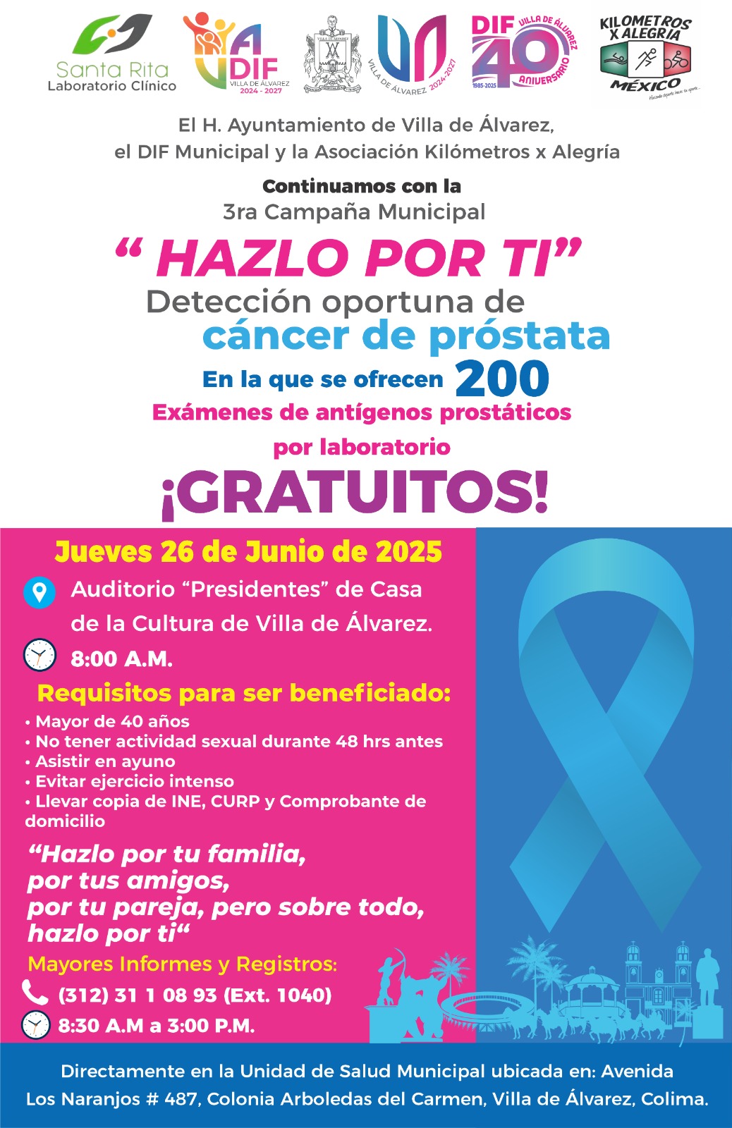 #VillaDeÁlvarez realizará prueba #gratis para prevenir el cáncer de próstata

En el marco del Día Mundial del Cáncer de Próstata, la Presidenta de Villa de Álvarez Tey Gutiérrez, anunció la campaña de detección oportuna de cáncer de próstata #HazloPorTi, que el próximo jueves 26 de junio aplicará de manera gratuita 200 exámenes de antígeno prostático a varones radicados en las zonas urbana y rural del municipio.

La campaña “Hazlo por ti” celebrará la jornada de antígenos prostáticos a partir de las 8 de la mañana en el Salón Presidentes de Casa de la Cultura.

Consulta este enlace para más información
https://noticias.villadealvarez.gob.mx/anuncia-tey-gutierrez-pruebas-gratis-para-detectar-cancer-de-prostata/?fbclid=IwZXh0bgNhZW0CMTAAYnJpZBExOEc0Z2V0SENRN3dQWnVpSwEetZRwwnmDP7cGmnYHTuXN81n6gUh1XhU2jyLo8gsJuZylxsrV-01U85gwoW0_aem_wp_ZXOIGiMpvdq1fIbc7jQ

#VAconRumbo