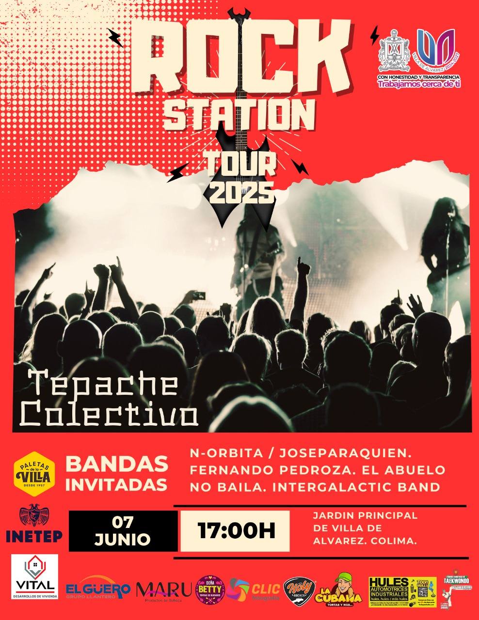 Te esperamos en el Rock Station Tour 2025, en #VillaDeÁlvarez

¡Ven a disfrutar de un #eventogratuito, organizado por el Ayuntamiento de Villa de Álvarez en coordinación con Tepache Colectivo, el próximo 7 de junio a partir de las 17:00 horas en el Jardín Independencia, mejor conocido como Jardín Principal de la Villa!.

En el Rock Station Tour 2025 participarán las bandas invitadas N-Orbita/JoseParaQuien, Fernando Pedroza, El Abuelo no Baila e Intergalactic Banda.